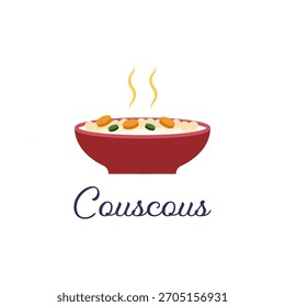 Flache Vektorgrafik einer warmen Schüssel Couscous mit Gemüse und aufsteigendem Dampf, perfekt für Food-Blogs, Menüs oder gesunde Esskonzepte. Einfache, saubere Grafik.
