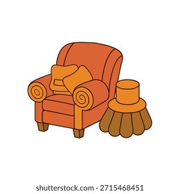 Ilustración vectorial plana de un cálido rincón de la sala de estar con silla, manta y Vector de troncos con fondo blanco