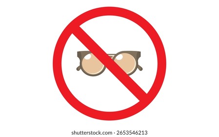 Una Ilustración vectorial plana de una señal de advertencia que prohíbe usar gafas. El diseño incluye un par de gafas con un círculo rojo de prohibición.