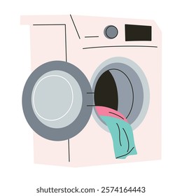 Flat vector illustration of washing machine with open door and clothes inside. Doodle icon for laundry, cleaning, and household designs, laundry room equipment, isolated colored clipart