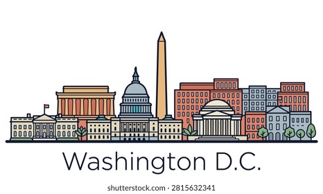 A flat vector illustration of the Washington D.C. skyline featuring the US Capitol, White House, Washington Monument, and Lincoln Memorial.