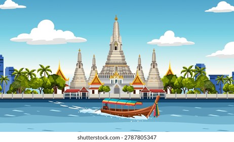 Flat vector illustration of Wat Arun temple with a longtail boat on Chao Phraya River