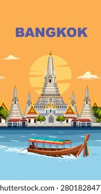 Flat vector illustration of Wat Arun temple at sunset with a traditional longtail boat