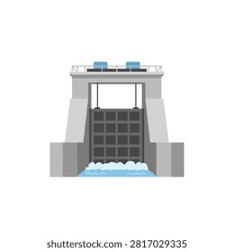 Flat Vector Illustration of a Water Sluice Gate Dam Infrastructure for Hydroelectric and Flood Control