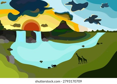 Flat vector illustration of waterfall and mountains scenery with animal silhouettes.
