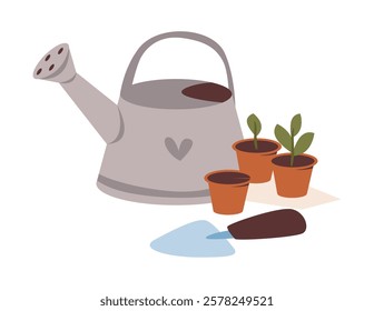 Flat vector illustration of a watering can and a seedling. Gardening, sustainability, and eco-friendly agriculture.