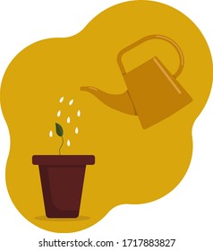 Ilustración vectorial plana: regar un brote de una lata de agua.