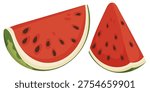 Flat vector illustration of watermelon slices with seeds. Fresh summer fruit isolated element for food design, picnic themes, healthy snacks and seasonal graphics