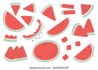 Flat vector illustration of watermelon slices and pieces in various shapes and cuts. Bright and playful summer-themed design perfect for seasonal, food, or tropical content.