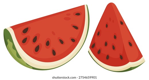 Flat vector illustration of watermelon slices with seeds. Fresh summer fruit isolated element for food design, picnic themes, healthy snacks and seasonal graphics