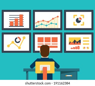 Flat vector illustration of web analytics information and development website statistic - vector illustration