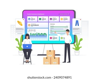 Ilustración vectorial plana de tablero de información de análisis web para estadísticas de sitios web de comercio social. Hombre y mujer usando computadora para analizar datos en tablero de comercio social.