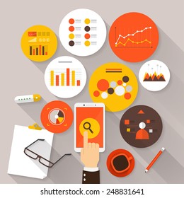 Flat vector illustration of web analytics information and development website statistic - vector illustration