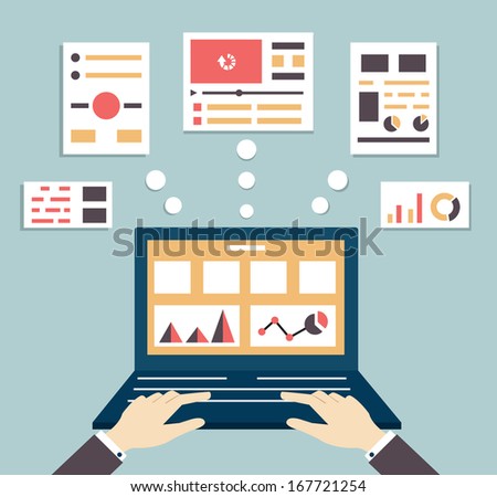 Flat vector illustration of web and application optimization, programming, design and analytics - vector illustration