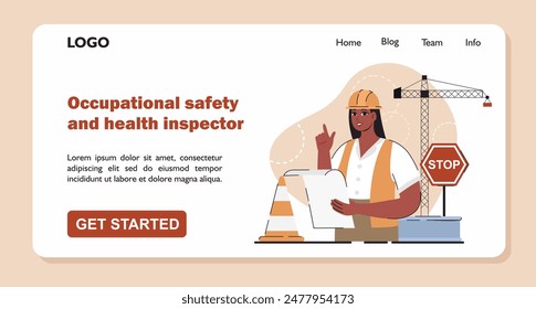 Flat vector illustration. Web banner of labor safety inspectorate. A government public service that protects workers from health and safety hazards in the workplace.