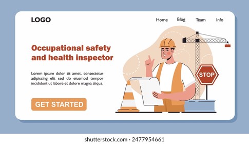 Ilustración vectorial plana. Web Anuncio de inspección de seguridad laboral. Imagen de un inspector que proteja a un trabajador de los riesgos para la salud y la seguridad en el lugar de trabajo.