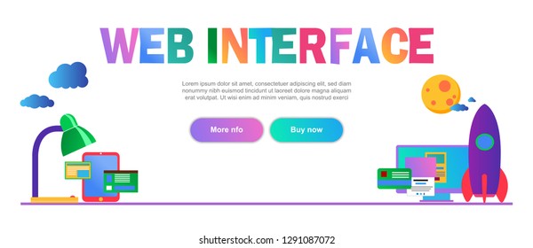Flat vector illustration, web interface items colored web graphic design banner with buttons