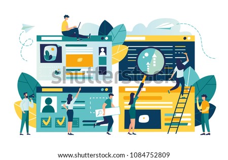 Flat vector illustration, web site development, teamwork, website coding, SEO concept, search engine, design for mobile and web graphics vector