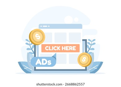 Ilustración vectorial plana de publicidad de Sitio web, anuncios en línea y anuncios digitales. Concepto de marketing en Internet, promoción de Web, conciencia de marca, campaña de comercio electrónico y publicidad en redes sociales.
