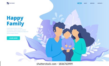 Flat vector illustration for website, landing page, banner, hero image. Modern stylish happy family vector concept. Peaceful and harmonious family relationship, young parents with their baby.