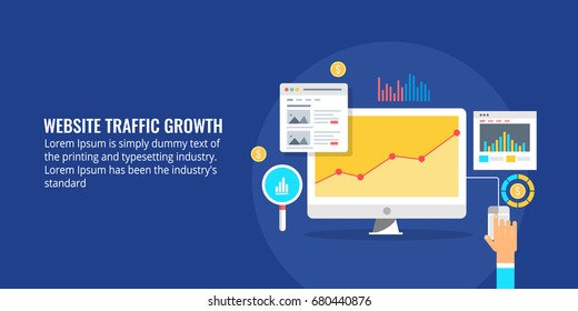 Flat Vector Illustration For Website Traffic Growth, Data Analytics, Web Visitors, Marketing Report Isolated On Dark Background