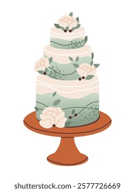 Flat vector illustration of a wedding cake with floral decoration, perfect for romantic events and bridal ceremonies.