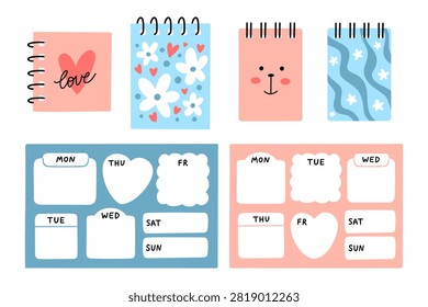Flat vector illustration of a weekly planner and cute notebook template collection. Modern weekly schedule layout for digital planners, web design, stickers, bullet journals, and print stationery. 