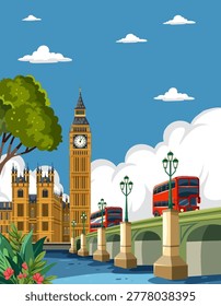 Flat vector illustration of Westminster Bridge, Elizabeth Tower, and red double-decker buses under blue sky