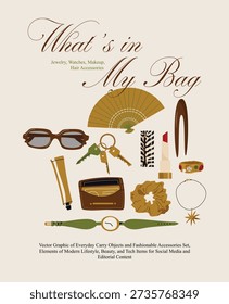 Flat Vector Illustration of What's in My Bag Everyday Carry Set Featuring Sunglasses, Watch, Lipstick, Keys, Jewelry, and Hair Accessories for Modern Lifestyle Beauty and Editorial Design Content