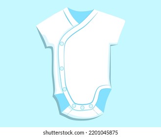 Flache Vektorgrafik von weißem Babybodyanzug auf blauem Hintergrund für Jungen. Mock-up für Muster, Logos, Werbung