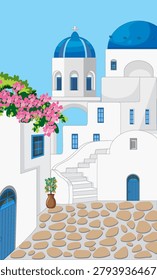 Flat vector illustration of white buildings, blue domes, and pink flowers under clear sky.