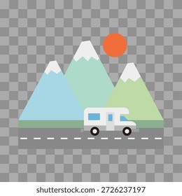 Ilustração de vetor plano de uma van campista branca viajando em uma estrada com montanhas nevadas e um fundo de sol vermelho brilhante.