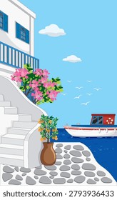 Flat vector illustration of white coastal architecture, pink flowers, and boat on blue sea.