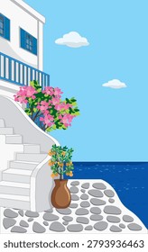 Flat vector illustration of white coastal architecture, pink flowers, and blue sea under clear sky.