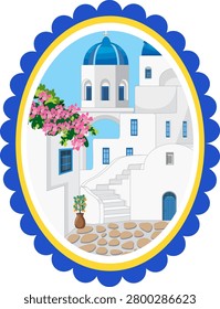 Flat vector illustration of white coastal buildings, blue domes, and pink flowers in oval frame.