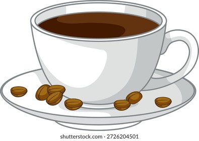Uma ilustração vetorial plana de uma xícara de café branco e pires com grãos torrados