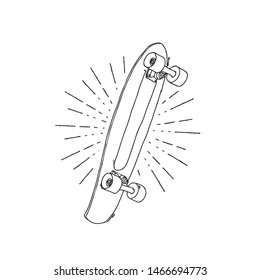 Flat vector illustration - white contour cartoon skateboard. Background with vintage skateboard.