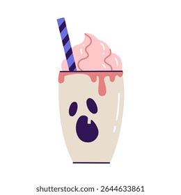 Flat vector illustration of white cup with ghost screaming face. Halloween drink with whipped cream and straw for sticker, postcard, print. Cartoon style drawing isolated on white background.
