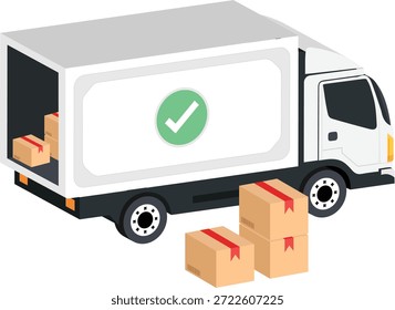 A flat vector illustration of a white delivery truck marked with a green checkmark for success, shown with several shipping boxes to emphasize efficient transport and package distribution services.