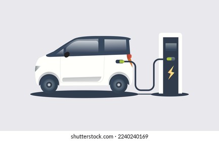 Flat vector illustration of a white electric car suv charging at the white charger station.