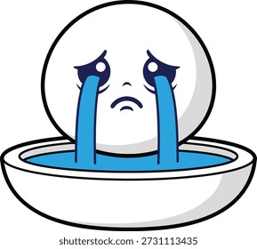 Ilustración vectorial plana de un personaje emoji blanco llorando lágrimas azules en un tazón a juego. Ideal para la conciencia de la salud mental, la terapia de expresión emocional y los íconos de la interfaz de usuario del App del bienestar.

