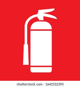 Flat vector illustration white fire extinguisher icon on red background. Fire safety.