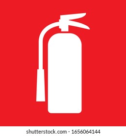 Flat vector illustration white fire extinguisher icon on red background. Fire safety.