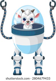 Flat vector illustration of a white goat piloting a mechanical bipedal robot suit.