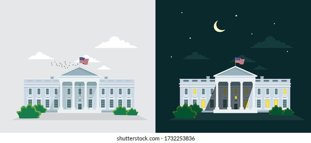 Flat vector illustration of The White House in Washington DC at day and night. The White House isolated vector with different Day and Night vector backgrounds.