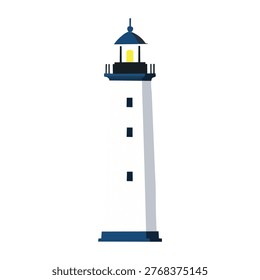 Flat vector illustration of a white lighthouse with blue accents, nautical navigation beacon for coastal safety and maritime guidance