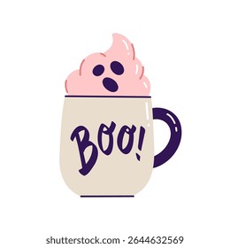 Flat vector illustration of white mug with Boo letters isolated on a white background. Halloween ghost drink with whipped cream for sticker, print, or scrapbook. Cartoon style drawing.