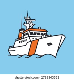 A flat vector illustration of a white and orange coast guard patrol boat navigating through stylized blue ocean waves against a solid light blue background