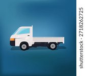 Flat vector illustration of a white pickup truck in side view on a blue gradient background, representing transportation, delivery, logistics, and commercial vehicle concepts