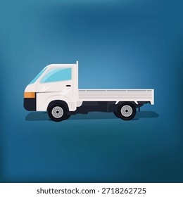 Flat vector illustration of a white pickup truck in side view on a blue gradient background, representing transportation, delivery, logistics, and commercial vehicle concepts